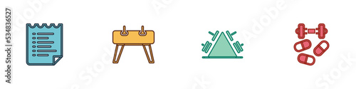 Set Sport training program, Pommel horse, Metal rack with weight and Sports doping dumbbell icon. Vector