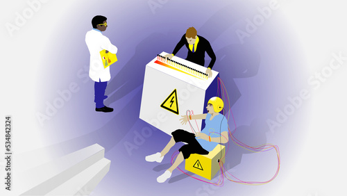 The Stanley Milgram experiment, actors and fake electric chocs, studies obedience in psychology. Focusing on the conflict between obedience to authority and personal conscience.