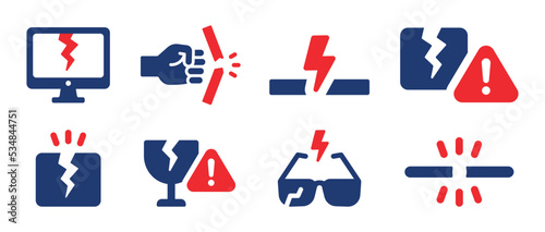 Broken different object icon set. Containing broken computer screen, break sunglasses, fragile glass and damage symbol. Vector illustration.