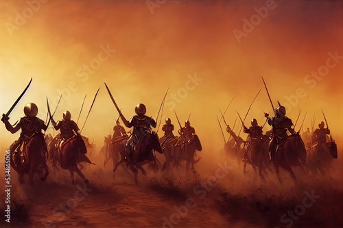 A squad of heavy cavalry in plate armor are rushing into battle with spears lances. they have a helmet in the form of a crown and shields with the sun sign, background of a dusty bright sunset. 2d art