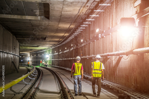 Soft focus and blurred lighting background of focus at engineer or technician control. Underground tunnel infrastructure. Transport pipeline by Tunnel Boring Machine for electric train subway