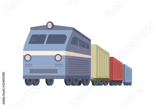 International and local delivery company transporting orders and parcels by train. Isolated means of shipping with containers. Vector in flat cartoon style