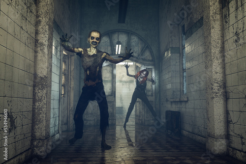 Zombies walking along corridor in post apocalyptic abandoned hospital or asylum. Halloween horror concept 3d rendering.
