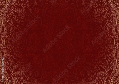 Hand-drawn unique abstract ornament. Light red on a deep red background, with vignette of same pattern and splatters in golden glitter. Paper texture. Digital artwork, A4. (pattern: p09a)