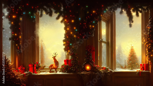 Christmas decorations on a winter holiday window. Frozen evening window, garlands, lanterns, Christmas tree. Holiday and fun atmosphere. Dark festive interior. 3D illustration.