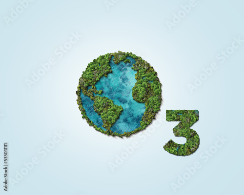 O3 - world ozone day concept design with green globe. Ozone day 3d illustration background.