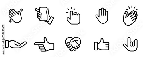Conjunto de iconos de manos realizando una acción. Me gusta, agitar, clic, aplaudir, apuntar, sostener, detenerse, apretón. Ilustración vectorial