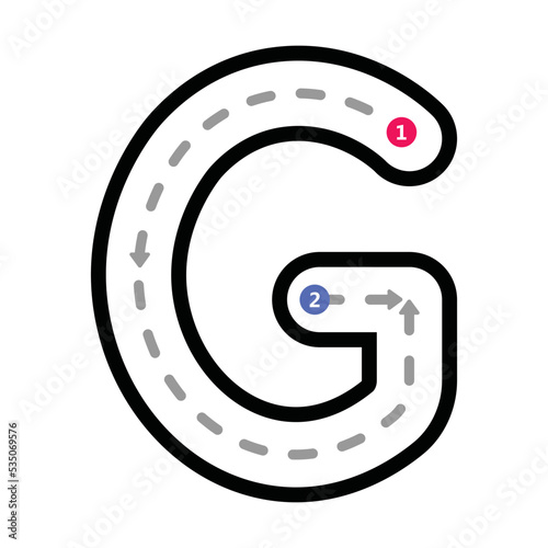 Tracing Alphabet uppercase capital letter G prewriting dotted line element for kindergarten, preschool and Montessori school kids worksheet for handwriting practice activity.