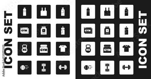 Set Fitness shaker, Sports nutrition, Online fitness and training, Sleeveless T-shirt, and Kettlebell icon. Vector