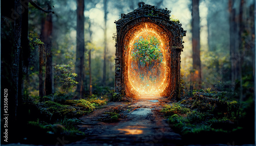 Spectacular fantasy scene with a portal archway covered in creepers. In the fantasy world, ancient magical stone gate show another dimension. Digital art 3D illustration.