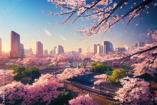 Cherry blossom sakura in modern city, urban environment background wallpaper