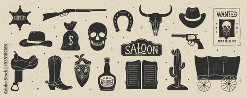 Wild west elements in modern flat, line style. Hand drawn vector illustration: cowboy boot, hat, saloon doors and sign, bandana, bull and human skull, revolver, cactus, whiskey bottle, wagon, rifle.