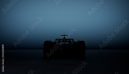 Front view silhouette of a modern generic sports racing car standing in a dark garage. Realistic 3d rendering