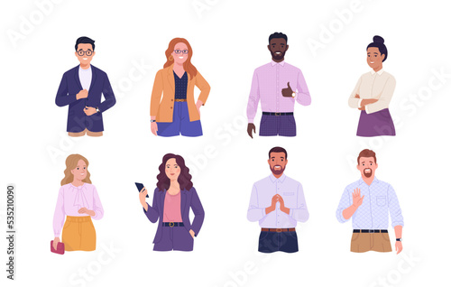 Office staff avatars collection. Close-up vector cartoon illustration of young adult smiling people of different ethnicities in office outfits. Isolated on white background