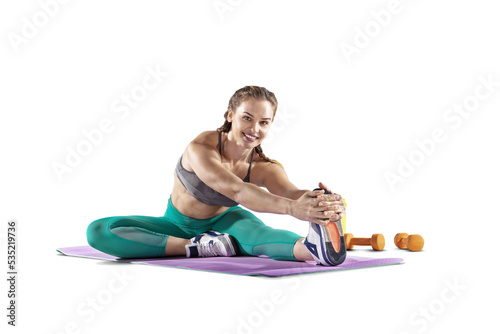 Beautiful woman at the gym doing fitness exercises. Sports transparent background. 
