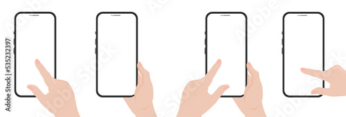 Mobile phone mockup with white blank screen on white background. A man's hand is holding a smartphone. Vector image. 