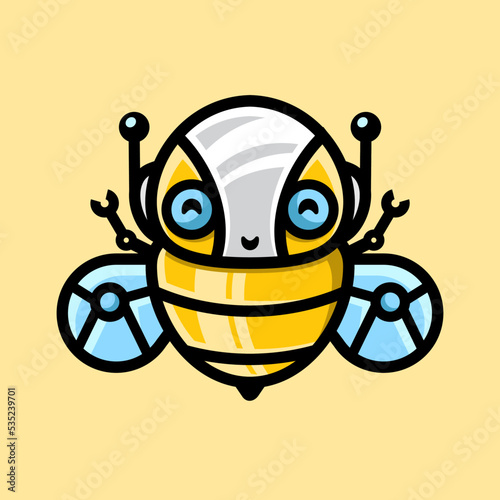 Cute bee robot technology character mascot, logo vector illustration