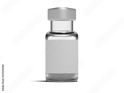 Frontal view of a labelled vial with a liquid. Blank label. Isolated. Transparent background for compositing or mockups
