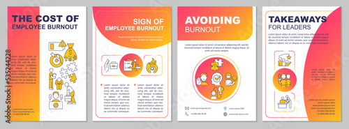 Employee burnout impact red gradient brochure template. Workplace stress. Leaflet design with linear icons. 4 vector layouts for presentation, annual reports. Arial, Myriad Pro-Regular fonts used