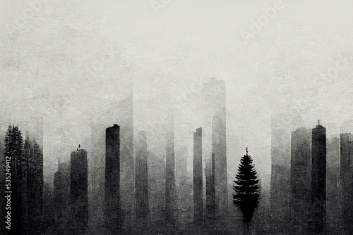 Black and white forest scene as background illustration in minimalism art style