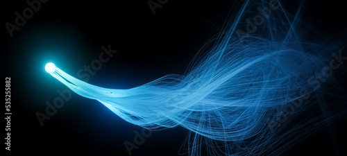 Abstract 3D illustration of glowing blue orb with long curly waving tendrils, science or research concept, neuron cell or synapse visualization on black background