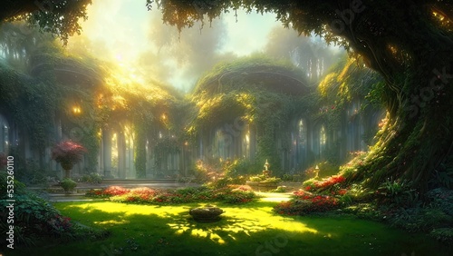 Garden of Eden, exotic fairytale fantasy forest, Green oasis. Unreal fantasy landscape with trees and flowers. Sunlight, shadows, creepers and an arch. 3D illustration.