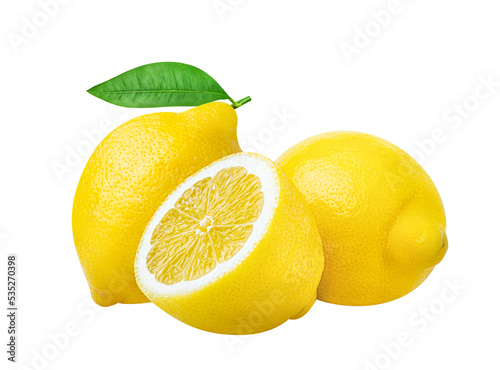Lemons isolated. Three lemon fruits whole and cut half with green leaves
