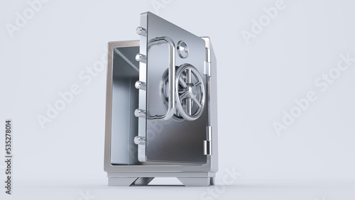 3D render of Open metal safe box isolated on white background, steel safe with opened door,