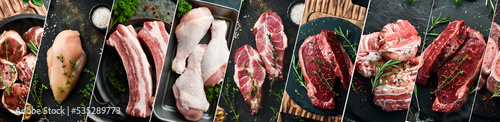 Background: meat and steak. Set of different types of meat. Photo collage.