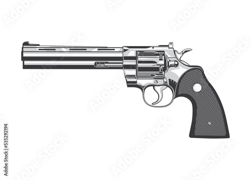 Vector illustration of a colt or magnum revolver on a white isolated background in monochrome