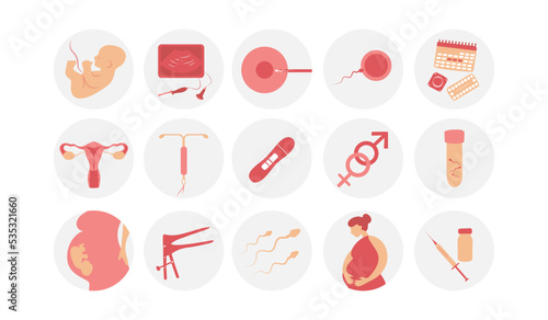 Woman fertility icon set. Obstetrics signs collection. Pregnancy insemination contraception concept