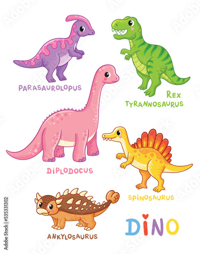 Big collection of dinosaurs on white background. Vector set with dinosaurs
