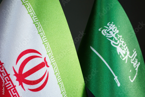 Close-up of the flags of Iran and Saudi Arabia.