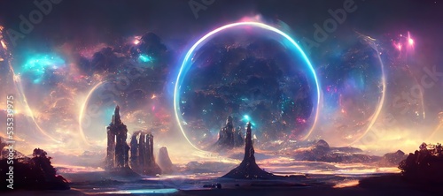 Abstract Fantasy galactic portal with neon glow. 3D render. Raster illustration.