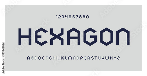 Hexagonal typography. Geometric font typeface, set of numbers and letters. Creative alphabet. Vector illustration. Capital lettering font family. For technology, gaming, and architecture subjects.