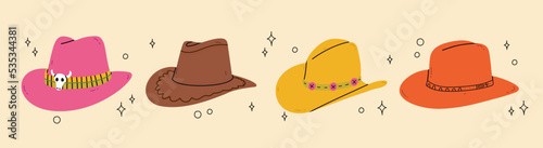 Cowboy western theme wild west concept.Hand drawn colorful vector set. Elements are isolated.Differents Ranch hats. Hand drawn colored flat vector illustration.