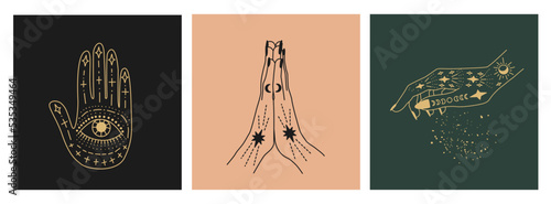 Set of linear vector illustrations. Hand-drawn magical hands. Design elements for decoration in modern style. Cursing hands. mystical elements.