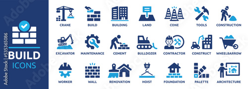 Build and construction icon element set. Containing crane, building, land, excavator, maintenance, contractor, worker, architecture and more. Solid icons vector collection.