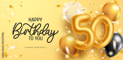 Birthday greeting theme vector design. Happy birthday text with elegant metallic number balloons for 50th gold birth day celebration messages. Vector illustration. 