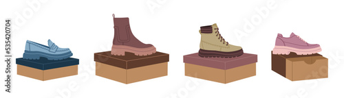 Set of boxes with female shoes and boots. Various types trendy casual footwear. Hand drawn vector illustration isolated on white background. Modern flat cartoon style.