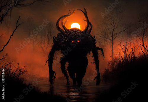 A creepy swamp demon inspecting his possessions at sunset. Realistic digital illustration. Fantastic Background. Concept Art. CG Artwork.