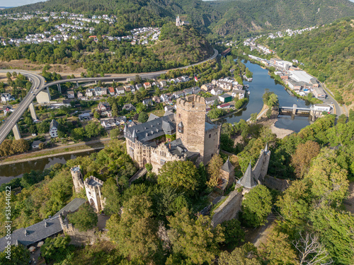 Aerial view Lahneck Castle at lahn River Valley by City Lahnstein near Koblenz in Germany Built 1226