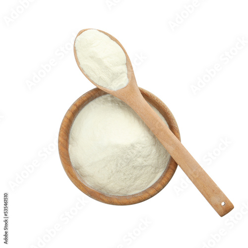 Wooden bowl and spoon of agar-agar powder on white background, top view