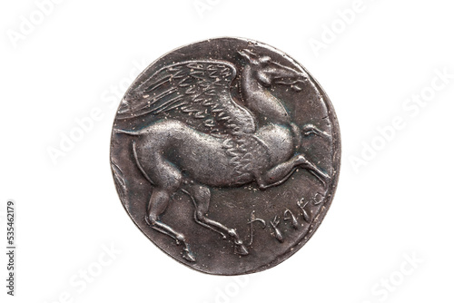 Silver 5 shekel Carthaginian coin replica with portrait of Tanit the sky goddess and the winged horse Pegasus on the reverse from the First Punic War 264-260 BC, cut out and isolated on a transparent 