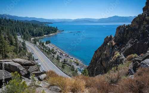 Aerial view of a lake Tahoe under blue sky