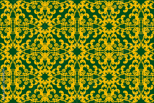 Bright golden seamless floral pattern in Indonesian batik style on dark green background