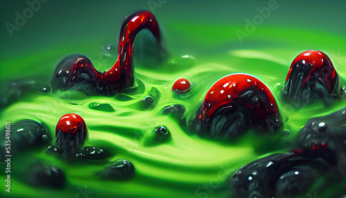 Frames of liquid green slime poison goo red. Creating a monster in a cauldron.