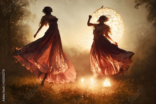 Two women dancing by the fire in a forest on Kupala Nigh, Slavic festival associated with the summer solstice of the Sun. Slavs celebrate it during the shortest night of the year. Artistic digital pa