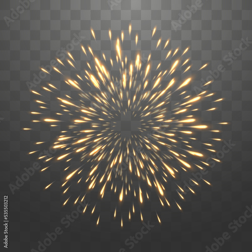 Festive fireworks with brightly shining sparks. New Year's Eve fireworks. Realistic sparks and explosions. Colorful pyrotechnics show. Vector isolated on png background.