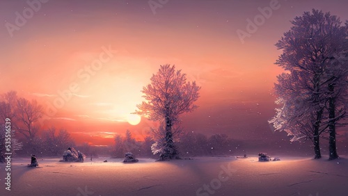 Winter landscape with neon sunset. Snowy flat valley. Colored winter landscape. Frosty winter sunset.